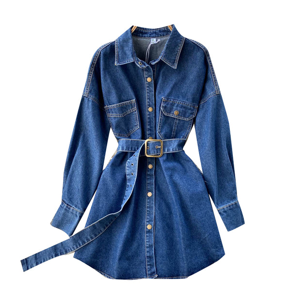 Chaqueta Denim Retro con Cuello Polo y Cintura Ajustada