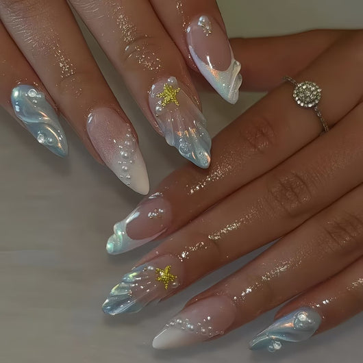 Uñas Postizas 3D Perla Dorada Serie Ocean - Diseño Premium XINGX