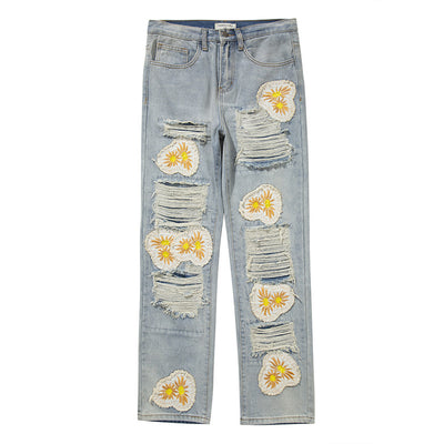 Jeans de Mezclilla con Parches Margarita Bordados Estilo Street