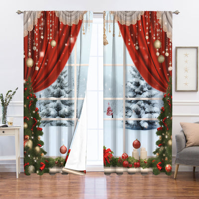Christmas curtain with a snowy village scene, Santa Claus, flying reindeer, and piles of wrapped gifts. - Image 43