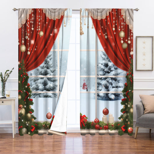 Christmas curtain with a snowy village scene, Santa Claus, flying reindeer, and piles of wrapped gifts. - Image 43