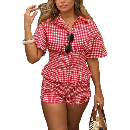 Conjunto de Camisa y Shorts a Cuadros Rojo y Blanco - Image 5