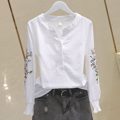 Blusa de Algodón con Escote V y Bordado Plisado Manga Larga - Image 5