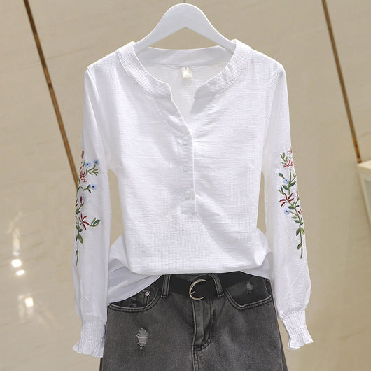 Blusa de Algodón con Escote V y Bordado Plisado Manga Larga - Image 5