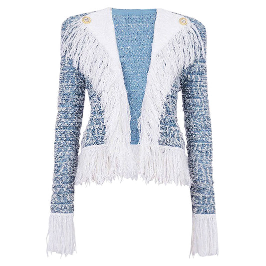 Abrigo Tweed Elegante con Cuello Vuelto y Detalle de Borla - Image 2