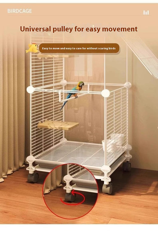 White single-layer bird cage with transparent sides, wire door, perches, bells, and a tunnel, on wheels. - Image 12