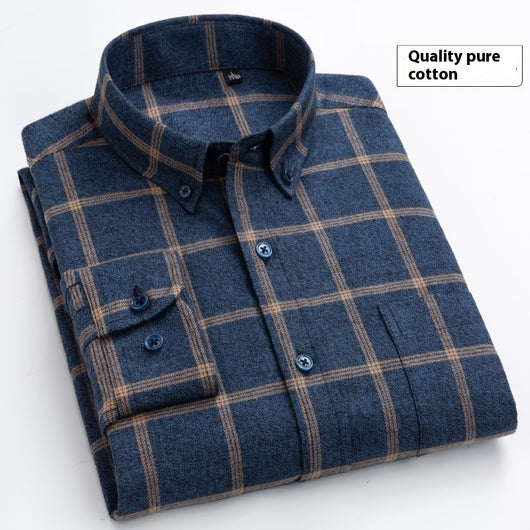Camisa de Cuadros Algodón Peinado Manga Larga para Hombre - Casual Profesional Otoño Invierno
