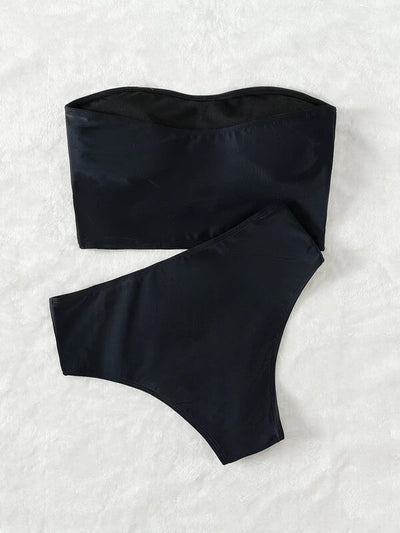Vibrant orange strapless bandeau bikini top and high-waisted bottoms set, worn by a woman with a white shirt. - Image 20