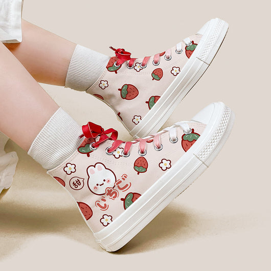 Zapatillas Altas de Lona con Diseño Adorable de Fresa y Conejo para Mujer - Image 10