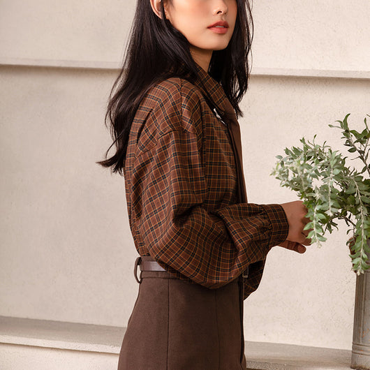 Camisa Preppy de Cuadros con Corbata Integrada de Manga Larga para Mujer - Image 14