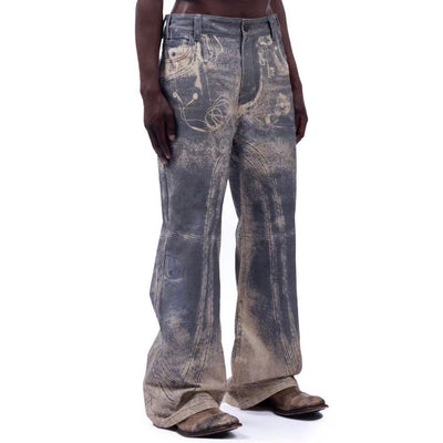 Jeans Rectos Lavados con Patrón Distressed en Tonos Neutros - Image 3