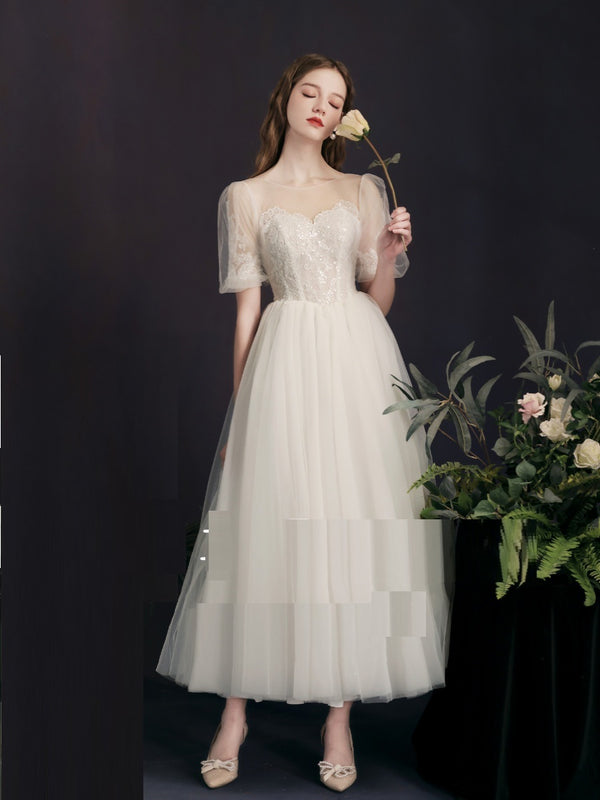 Vestido de Novia Blanco Midi con Mangas Burbuja - Image 3