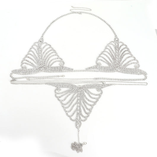 Gold-tone rhinestone bra and thong body chain set with a fan-like pattern, sparkling on a white background. - Image 7