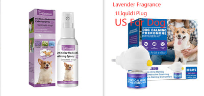 Cat Calming Pheromone Diffuser Kit with a white plug-in diffuser and a green refill bottle, next to its green and white box. - Image 22