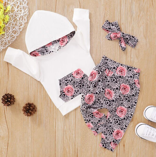 Conjunto de Sudadera con Capucha y Pantalón Blanco para Bebé con Diseño Floral