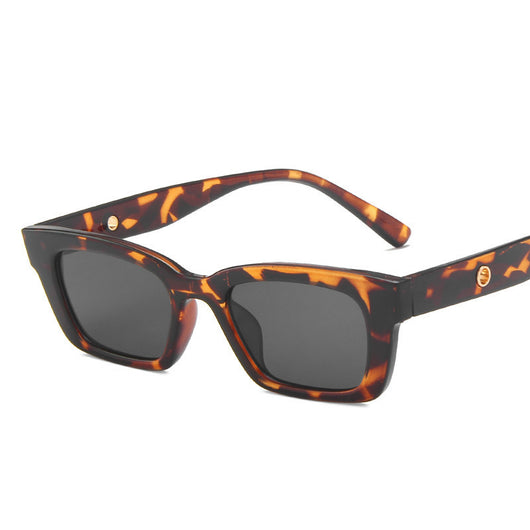 Transparent gray frame sunglasses with dark gray rectangular lenses and small gold accents on the temples. - Image 16