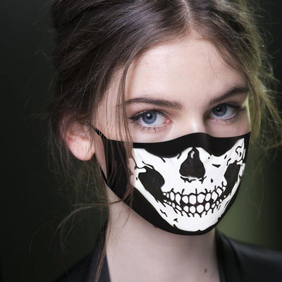 Young woman wearing a black ear hook facial mask with a white skull design, perfect for Halloween. - Image 13