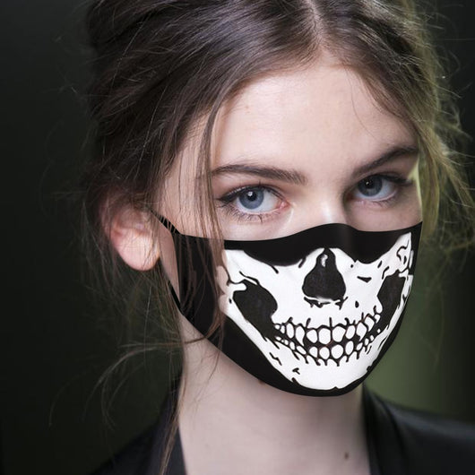 Young woman wearing a black ear hook facial mask with a white skull design, perfect for Halloween. - Image 13