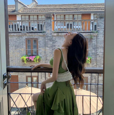 Vestido Sirena de Seda Satinada Verde para Mujer - Image 11
