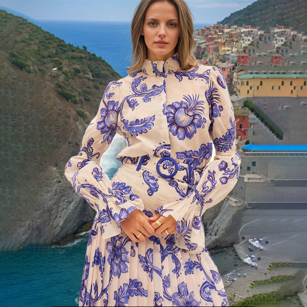 Conjunto Ejecutivo Mujer: Blusa Cuello Alto Estampada con Falda Plisada de Mangas Linterna