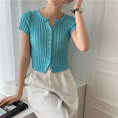 Cardigan Corto Tejido de Cintura Alta - Blusa Slim Fit Manga Corta - Image 19