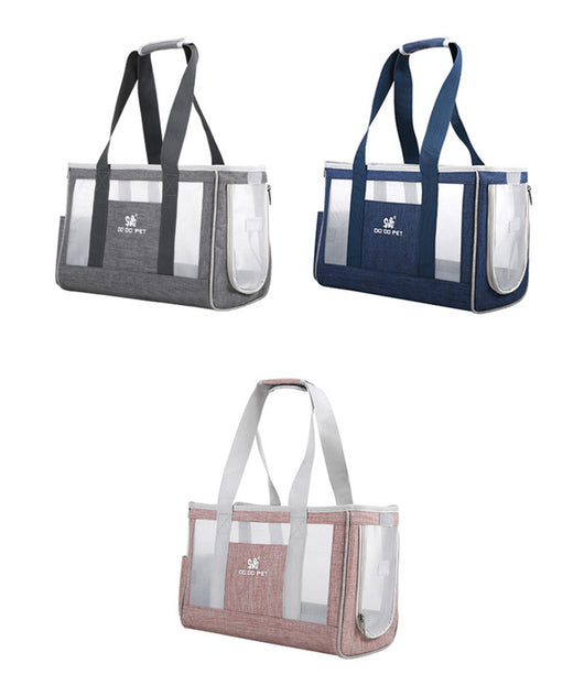 Navy blue portable pet carrier bag with mesh windows, top handles, and a side pocket for small dogs or cats. - Image 15