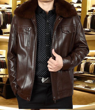 Chaqueta de Cuero para Hombre con Cuello de Piel y Solapa Clásica - Image 11