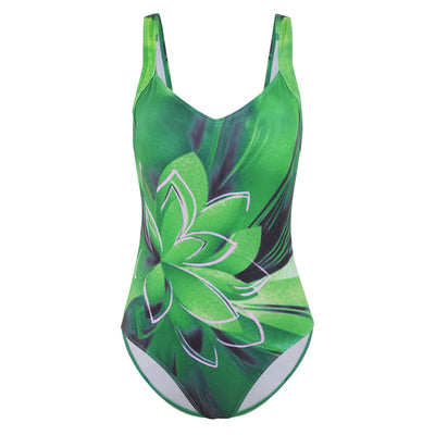 Blue one-piece swimsuit with a large light blue lotus floral print outlined in gold, featuring a V-neck and wide straps. - Image 11