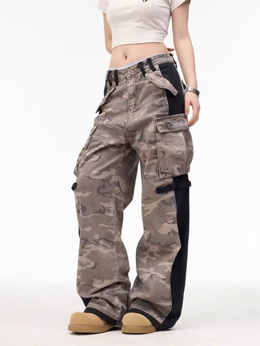Pantalones Anchos Patchwork Retro con Cremallera Camuflaje Unisex - Image 8