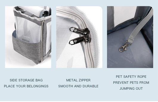 Navy blue portable pet carrier bag with mesh windows, top handles, and a side pocket for small dogs or cats. - Image 11