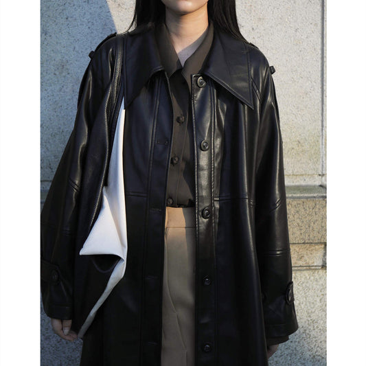 Abrigo Trench de Cuero Verde Medio para Mujer - Image 2