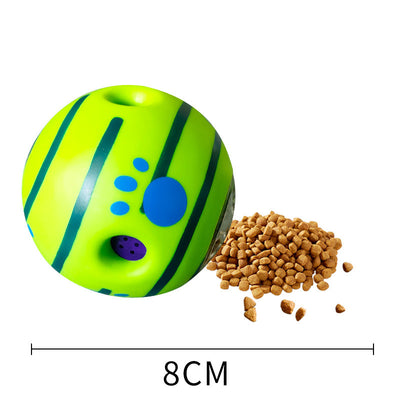 Green and blue striped dog toy food dispenser ball with kibble, measuring 14CM in diameter. - Image 2