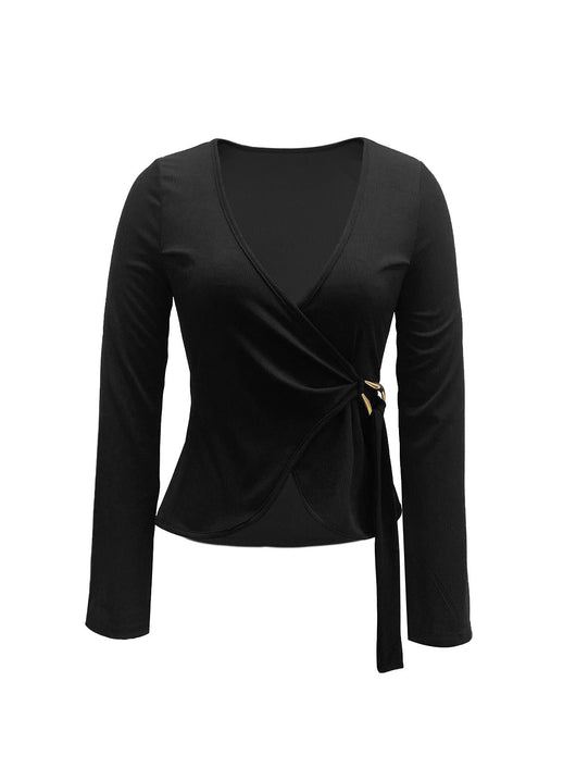 Suéter Tejido Negro Cuello V Manga Larga con Cintura Ajustada Diseño Francés - Image 11