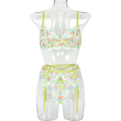 Conjunto de Tres Piezas de Ropa Interior de Malla Floral Artesanal Fruncida - Image 16