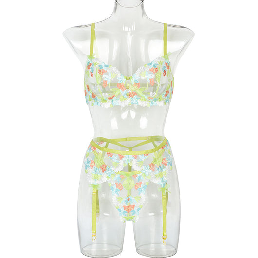 Conjunto de Tres Piezas de Ropa Interior de Malla Floral Artesanal Fruncida - Image 16