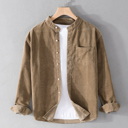Camisa Retro de Pana para Hombre con Cuello Mao de Manga Larga