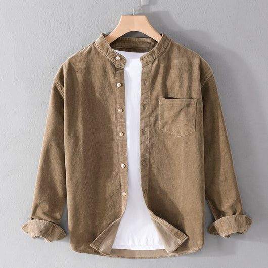 Camisa Retro de Pana para Hombre con Cuello Mao de Manga Larga