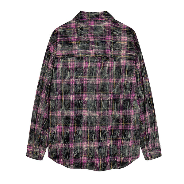 Camisa de Cuadros Tie-Dye Desgastada de Manga Larga para Hombre