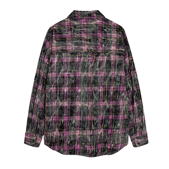 Camisa Masculina de Manga Longa Xadrez Tie-Dye Desbotada