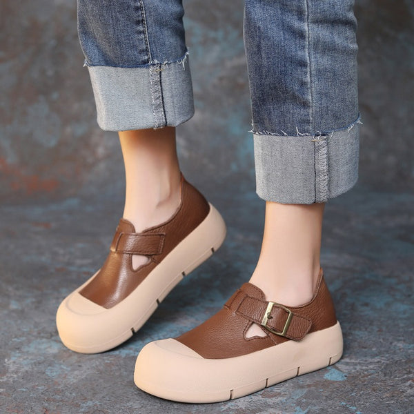 Zapatos Planos de Cuero Artesanal con Hebilla y Velcro para Mujer