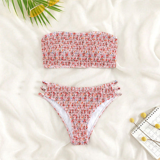 Floral smocked strapless bandeau bikini with high-cut bottoms featuring side straps, in white, teal, and red. - Image 7