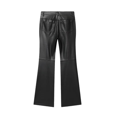 Pantalones de Cuero Casual Efecto Pierna Larga con Cintura Elástica y Bota Acampanada - Image 3