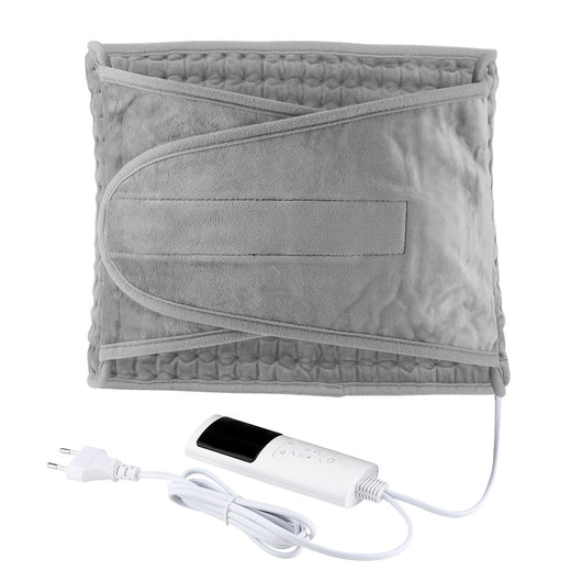 Gray quilted waist heating belt with an adjustable strap, wired remote control, and power plug, shown with its box. - Image 15