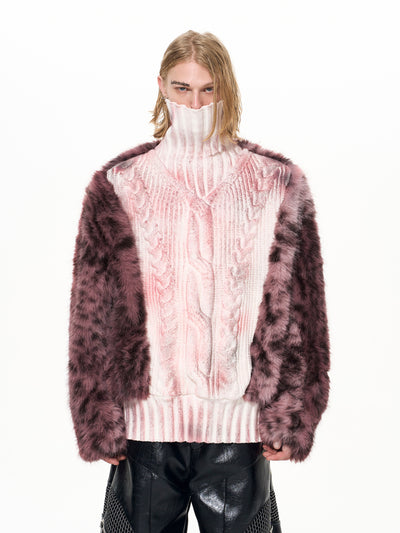 Suéter Cuello Alto Estampado Leopardo con Paneles de Pelaje Lujo para Hombre - Image 13