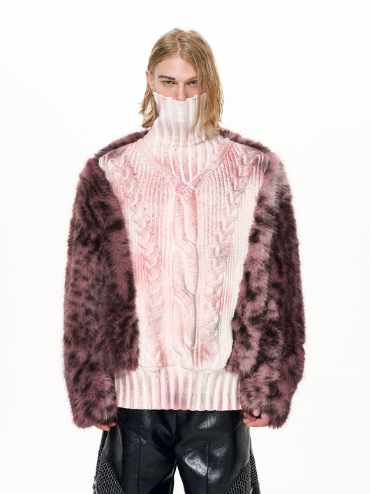 Suéter Cuello Alto Estampado Leopardo con Paneles de Pelaje Lujo para Hombre - Image 13