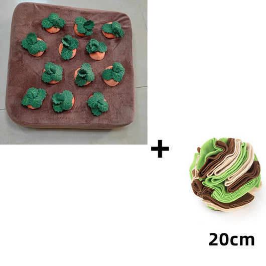 Brown plush snuffle mat with ten orange carrot-shaped toys, each with green leafy tops, for pet foraging and play. - Image 8