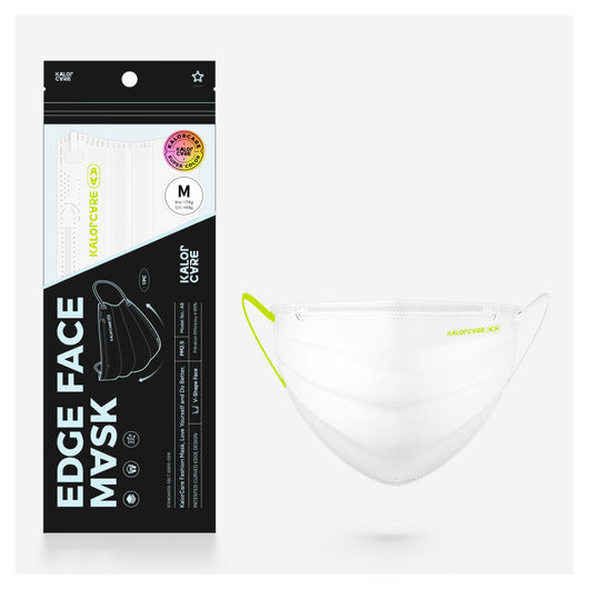 White V-shape face mask with pink ear loops, packaged in a clear and black pouch, size S, by Kalor Cvre. - Image 20