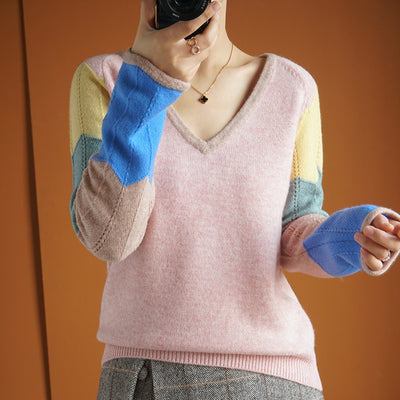 Suéter de Lana con Contraste de Colores para Mujer - Cuello V Térmico - Image 6