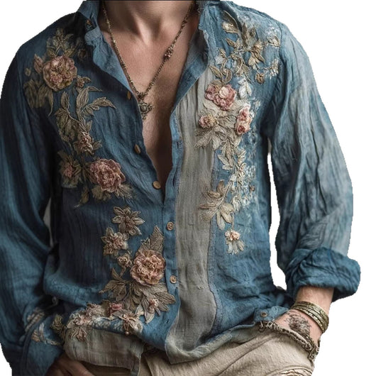 Camisa Floral Holgada de Manga Larga Estilo Retro Americano para Hombre - Image 5