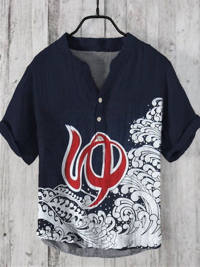 Camisa Lino Hombre Estampado Oceánico Manga Corta Suelta Casual - Image 8